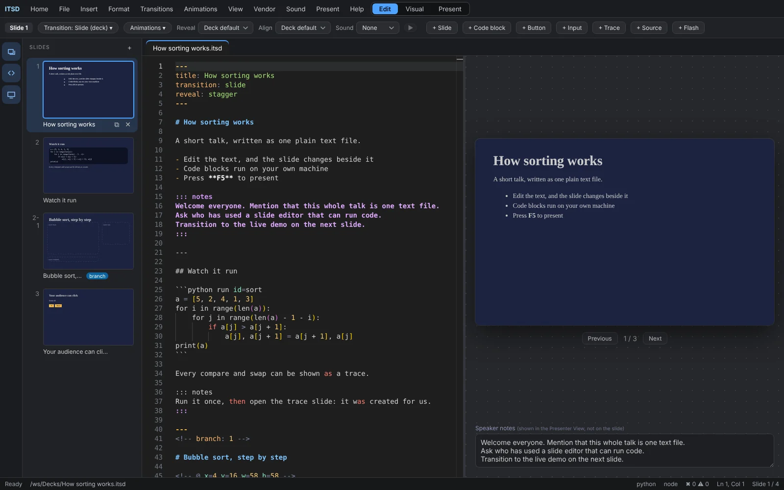 The ITSD editor: Markdown on the left, the slide preview on the right, with the slide list and ribbon.