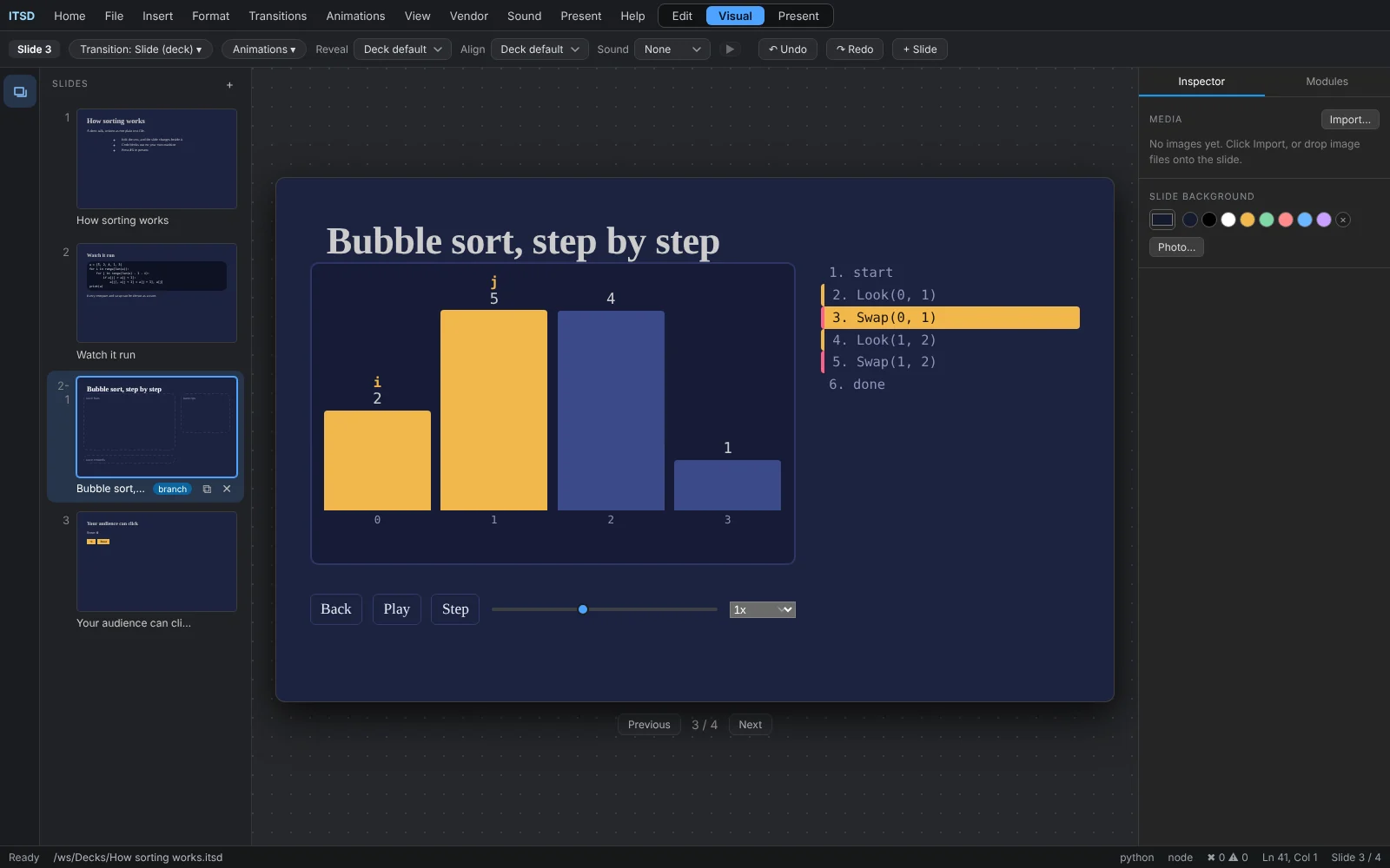 The visual editor with a selected element and its inspector.